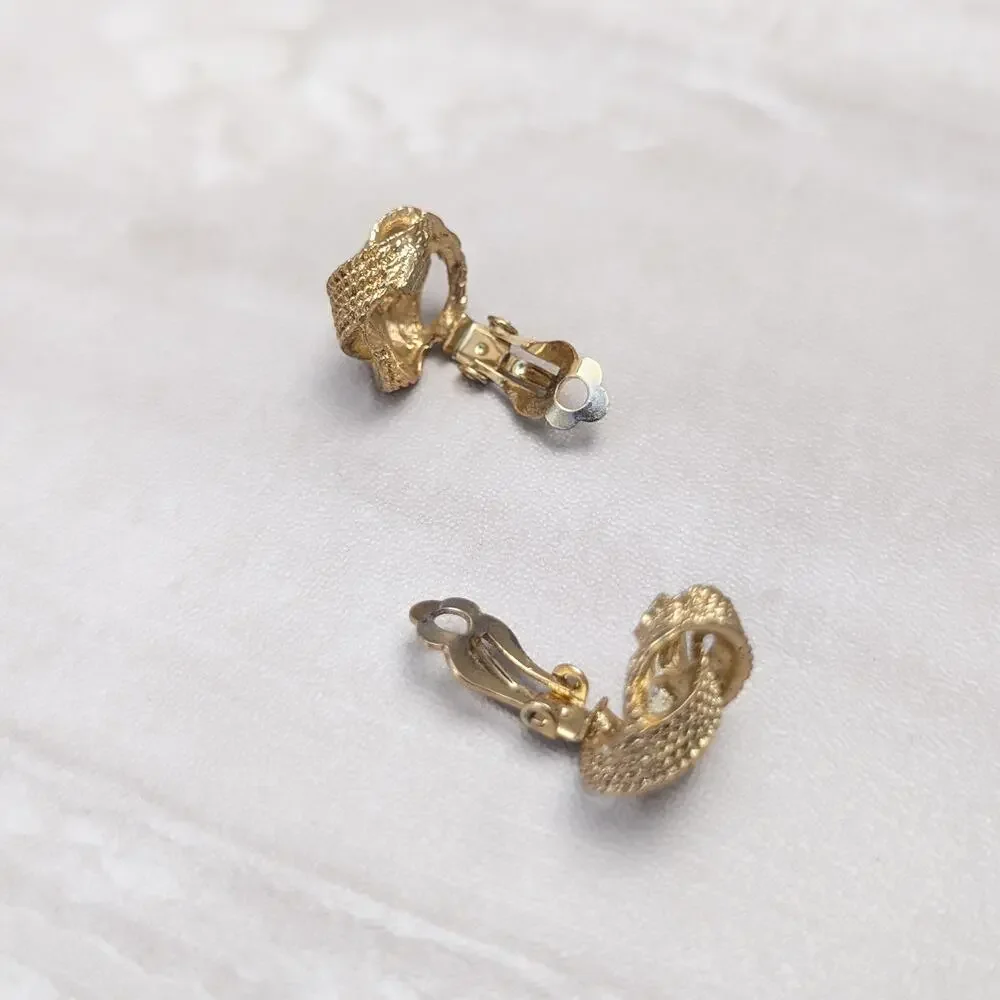 Vintage Clip On Earrings Gold Tone Patterned Knot Design - Fair Condition